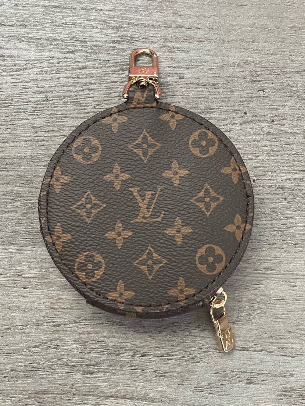 Brown Monogram Round Coin Purse Keychain Zip Pouch NWOT - Picture 3 of 5